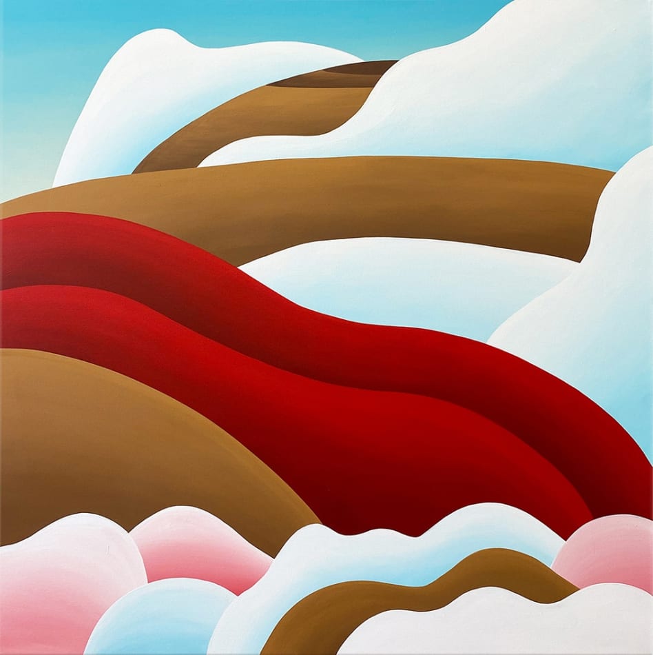 Bianca Nemelc painting of abstracted female figure with glaciers and red landscapes
