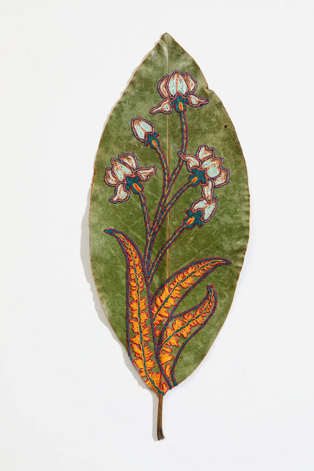 Hillary Waters Fayle hand embroidered floral design on leaf