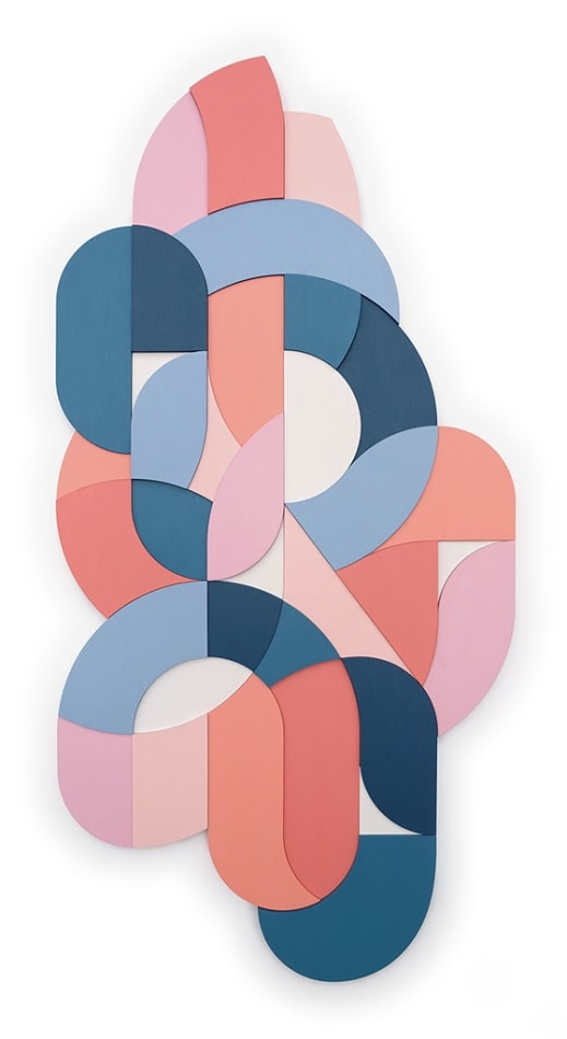 Free form multicolor wood sculptural piece made up of spiral shapes and curves by artist Scott Albrecht