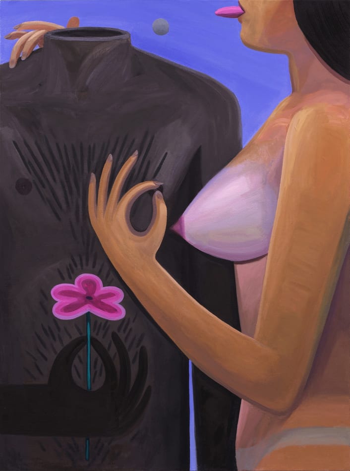Corey K. Lamb - decapitated male torso holding flower next to nude female figure