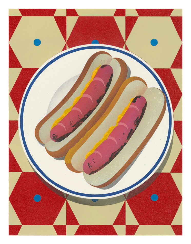 painting of two hot dogs on a plate