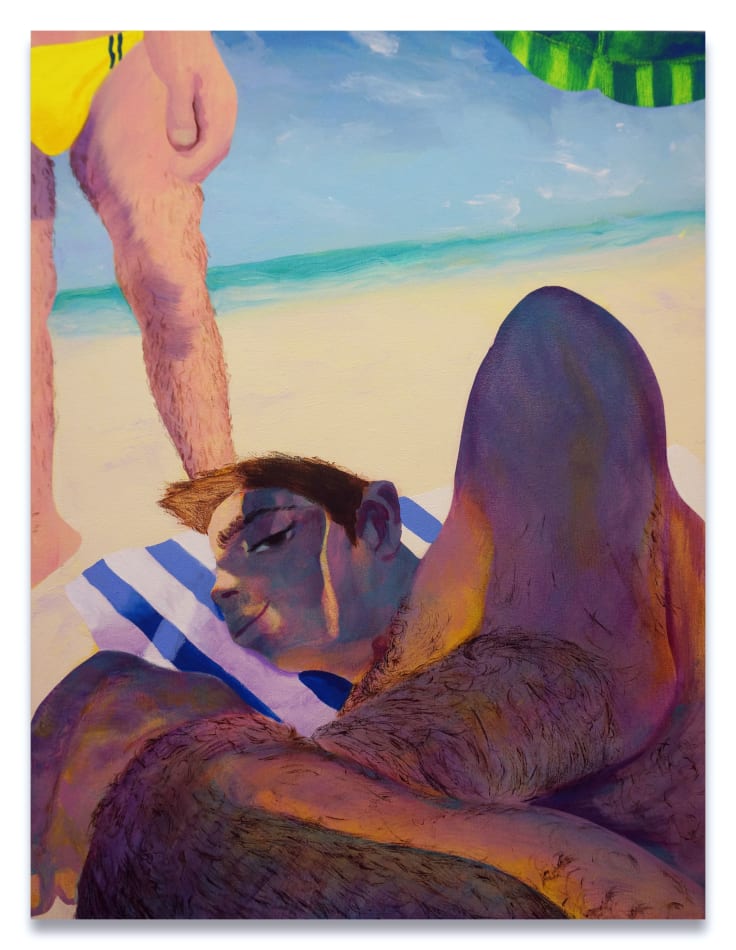 Painting of a man laying the beach under the shade of an umbrella. There is another man standing above him, you can only see the bottom half of his body, he is wearing a yellow speedo. In the background is the ocean.