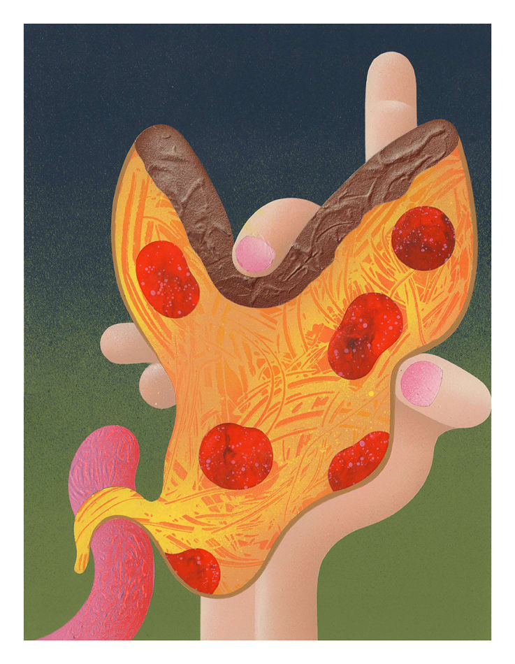 painting of a hand holding a slice of pizza