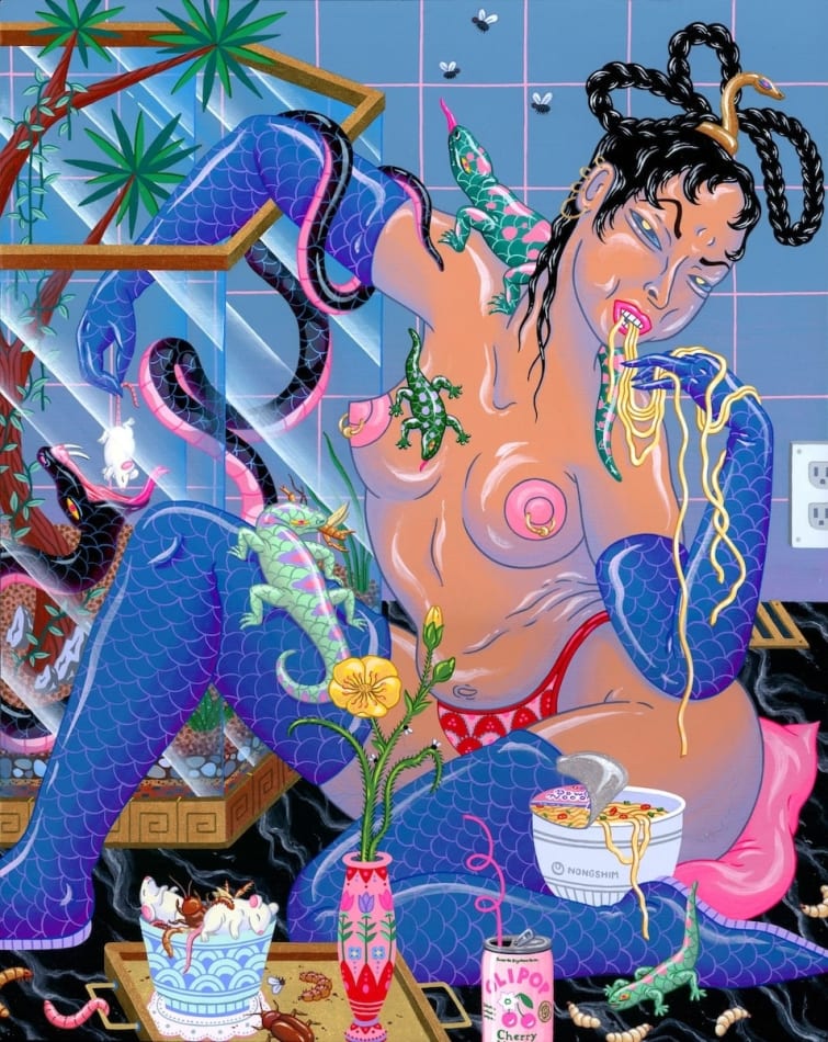 Kristen Liu-Wong - painting of woman in nudity devouring instant noodles with her hands. The figure wears a pair of gloves and boots with fish scales patterns.