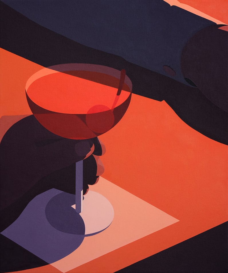 Still life painting of someone holding a martini glass with a Manhattan in it on top of a cocktail napkin. Across the table is an arm.