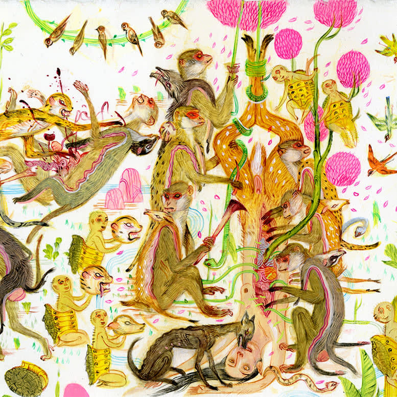 Detail shot of a painting by Mu Pan of creatures, animals and human hybrids eating, sleeping, killing, flying and climbing