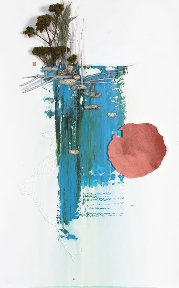 Gregory Euclide - mix media work of abstracted nature scene with a major color palette of bright blue and earth red.