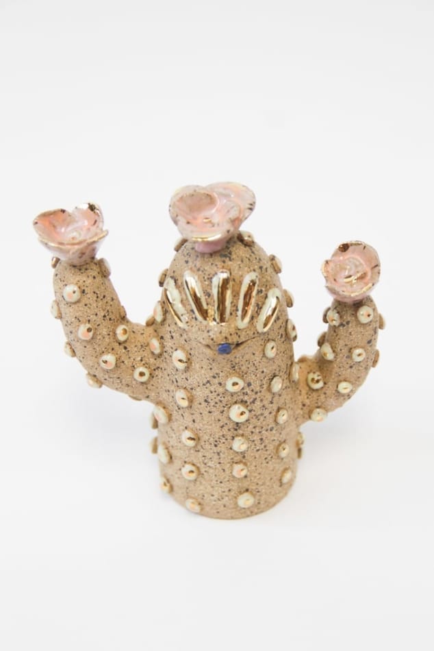 Jen Dwyer brown and gold luster with pink sculpture of cactus with pink florals