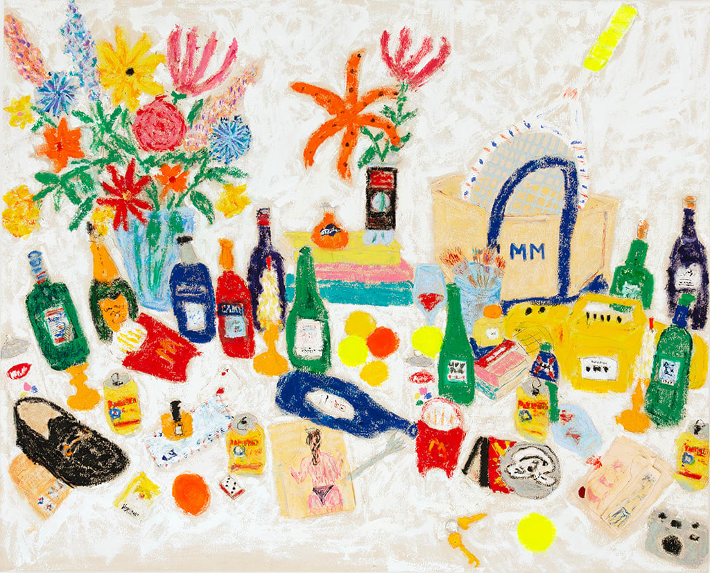 painting by Michael McGregor of table with colorful assorted bottles, objects, and flowers