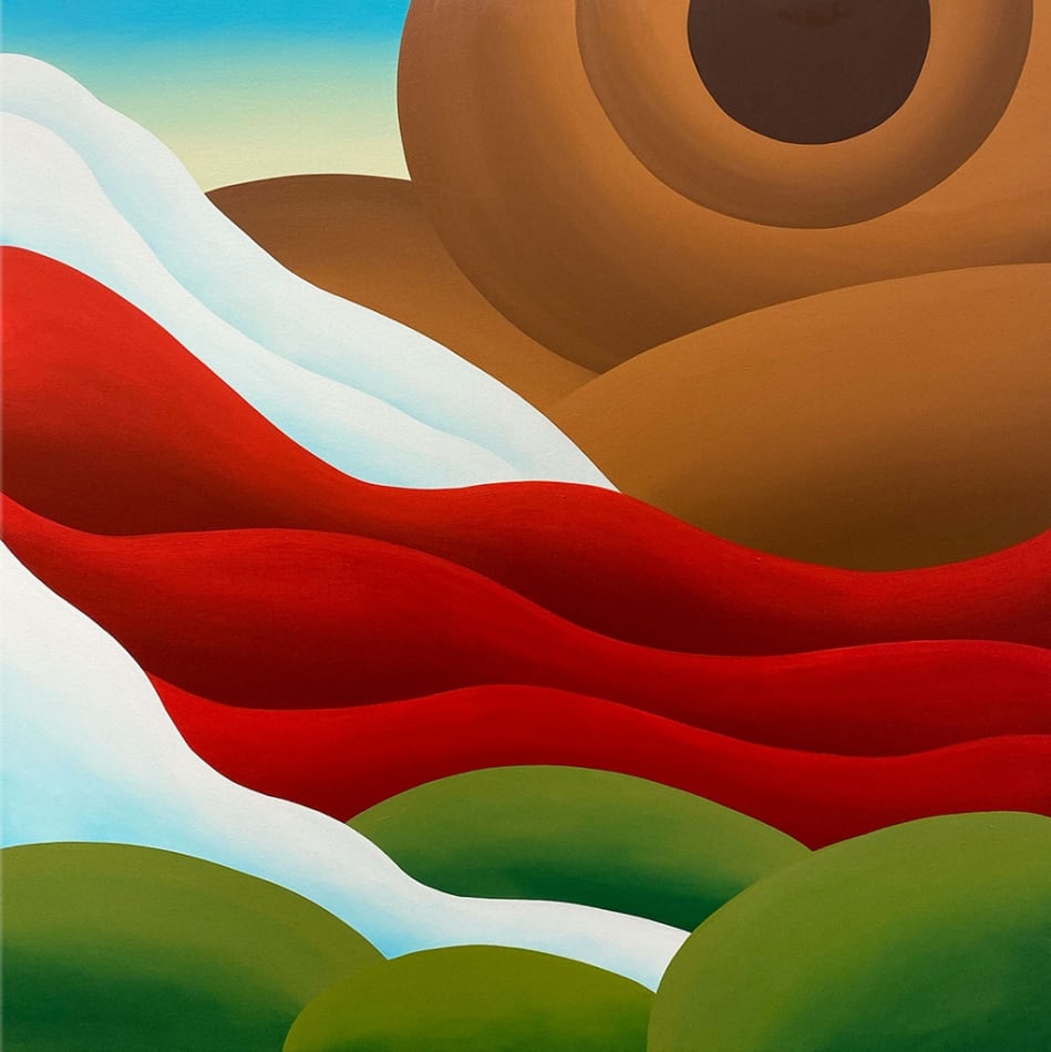 Bianca Nemelc painting of abstracted female figure with glaciers and red and green landscapes