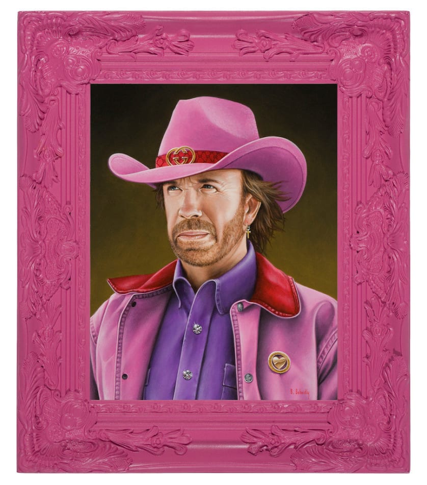 Scott Scheidly portrait of Chuck Norris in pink cowboy hat