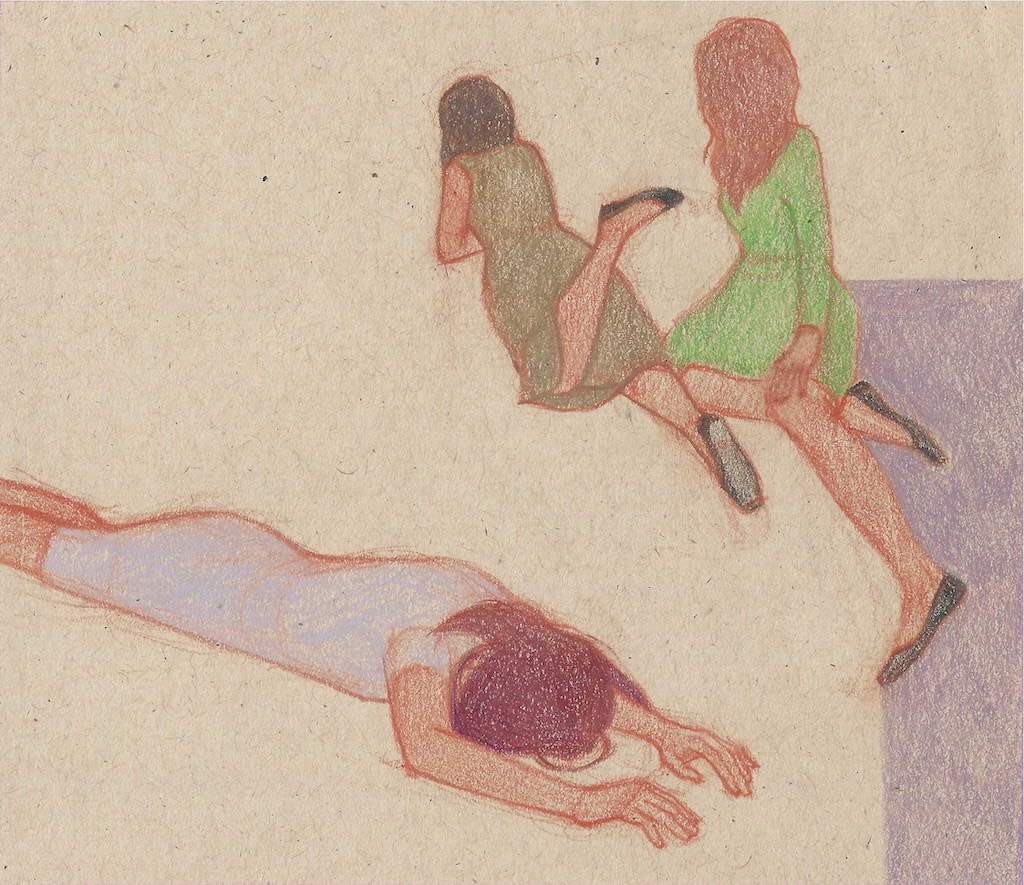 Drawing of two women laying on their stomachs and one woman sitting
