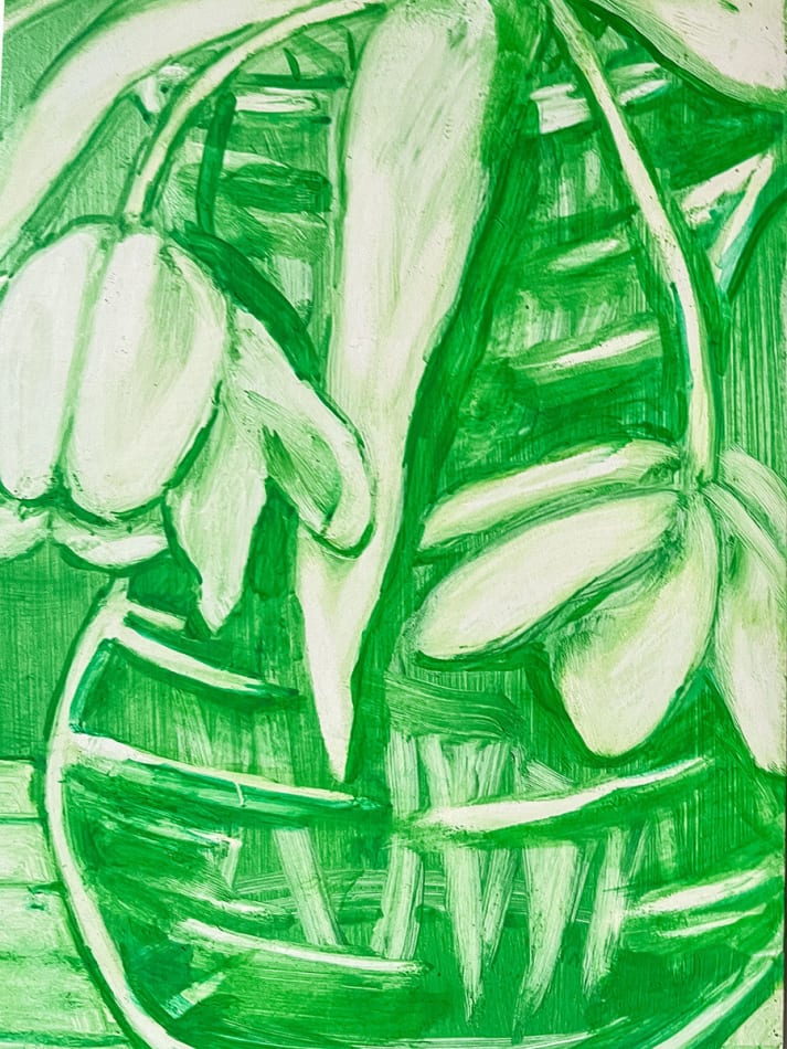 detail of Grace Tobin painting in tones of green. Vase with flowers