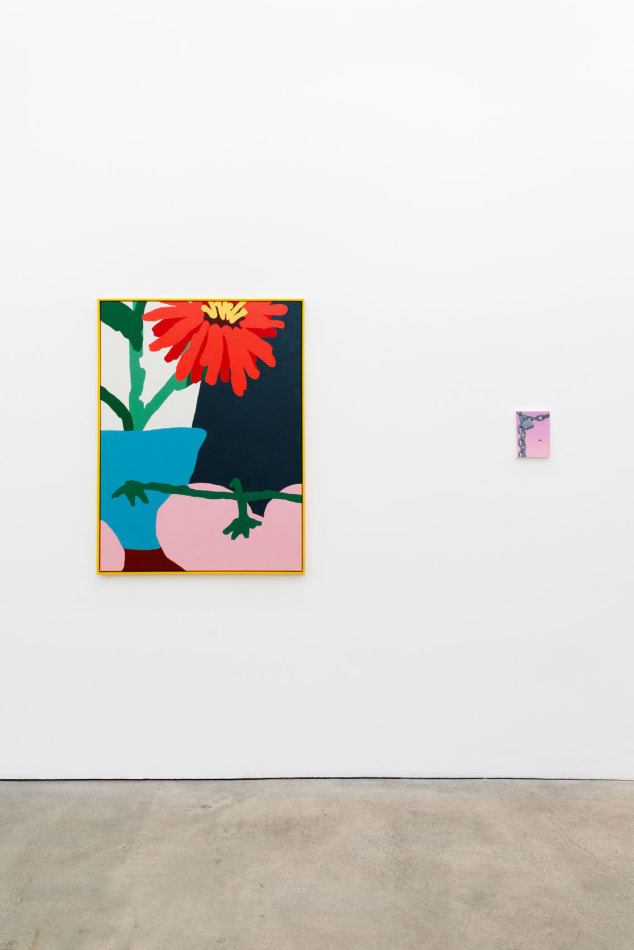 Installation image of Red Lampranthus and A Bunch Of Pink Tomatoes next to Cherub Rock at Hashimoto Contemporary Los Angeles