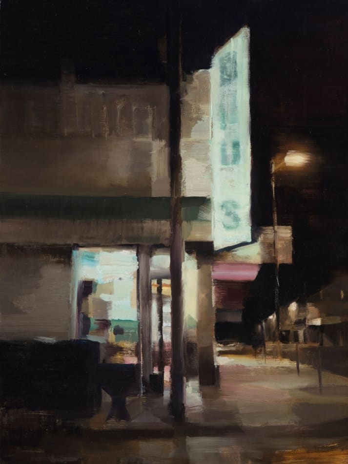 painting of a cornerstore donut shop at night - dark colors, neon lights