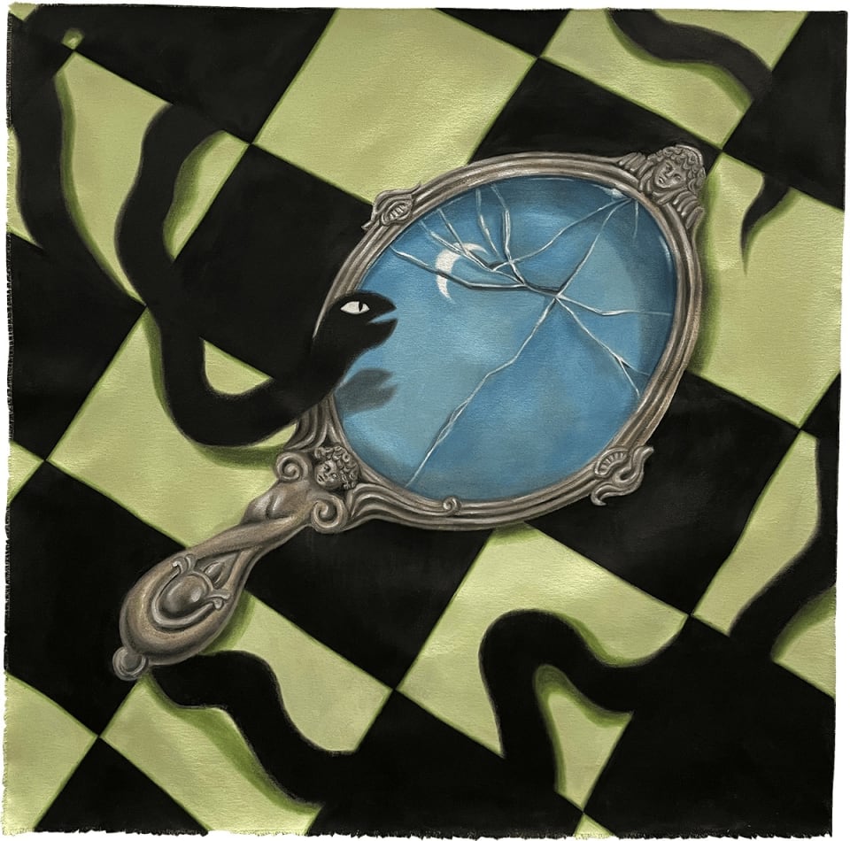 Minyoung Kim painting of black snake looking into broken hand mirror that is reflecting a crescent moon. Black and green checkered tile floor background