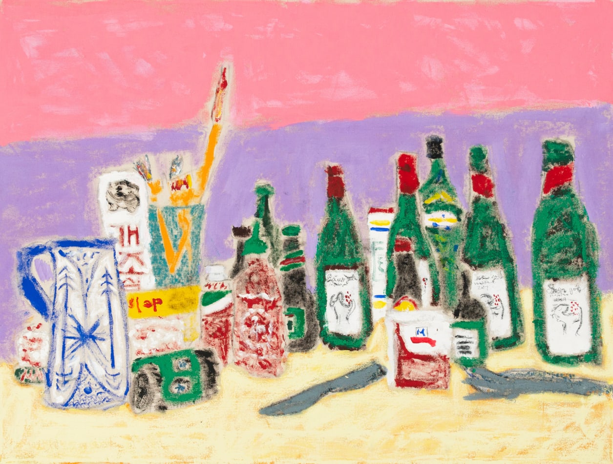 Still life painting of dark green glass bottles, spices, a water pitcher and utensils on a light yellow surface and a pink and purple background.