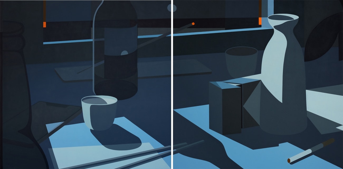 Diptych still life painting of a table. On the left canvas is a white sake cup, the kneck of a beer bottle and a half empty bottle of wine with a lit incense on a holder behind. On the right canvas is a sake pitcher, a box of cigarettes and a single cigarette. There is a window sill in both canvases.