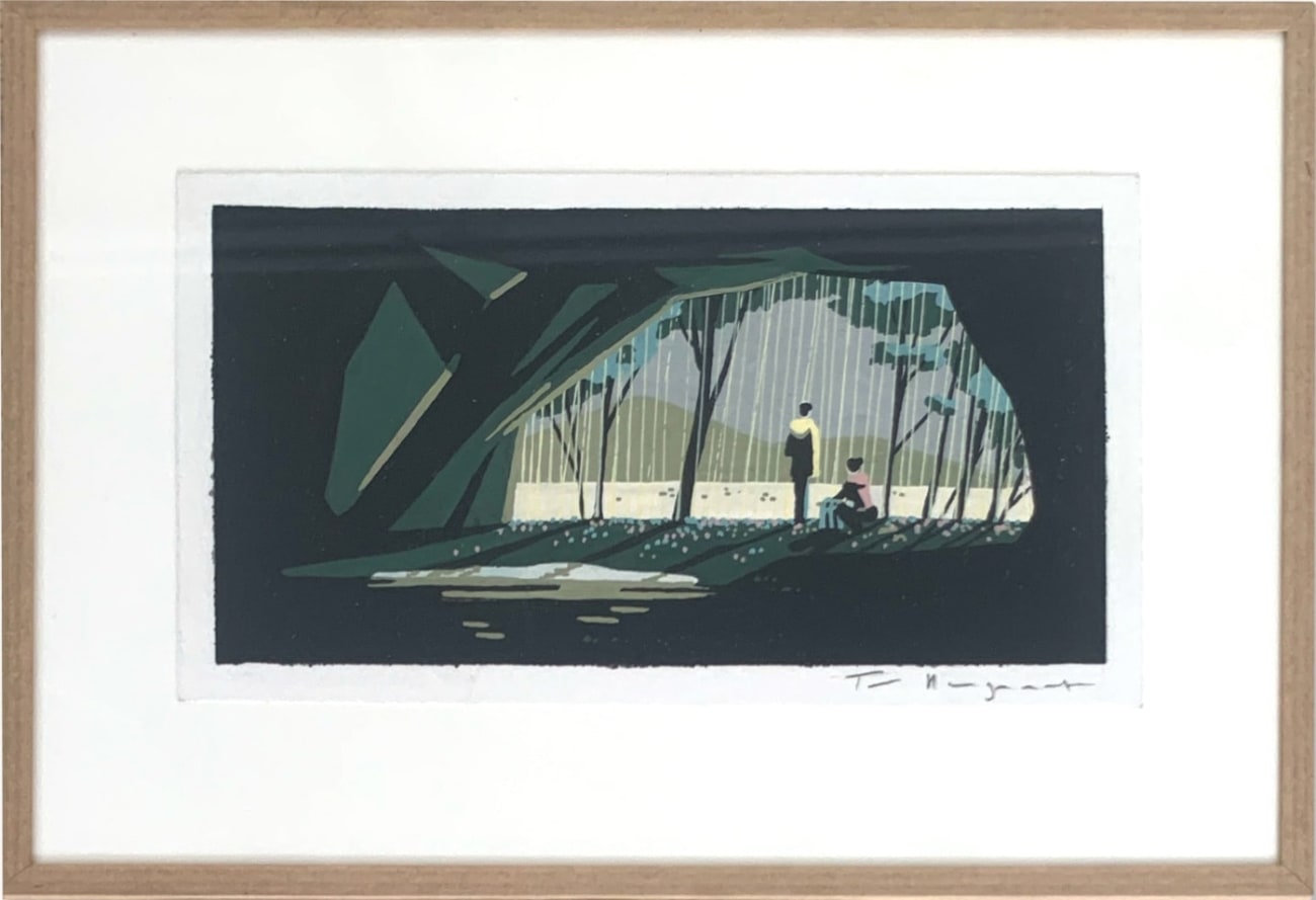 Graphic image of two people (one kneeling and the other standing) with their backs facing the viewer looking out of a cave into a forest.