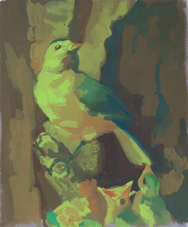 painting of a bird sitting on a twig above two baby birds