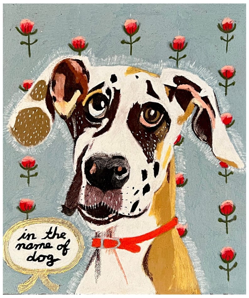 James Eddy - pastel portrait drawing of a dog wearing a red collar, grey tone blue with red flower pattern as background , and the drew label of 