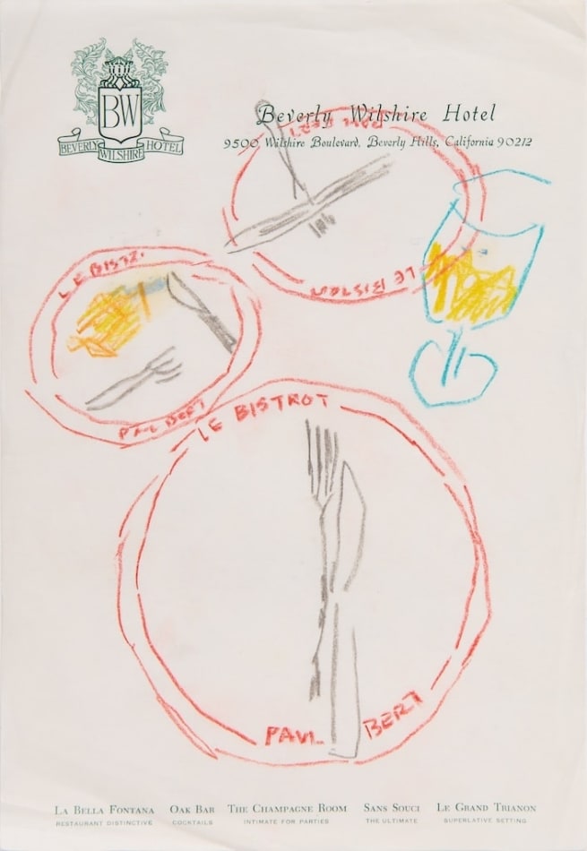 sketch of three plates with utensil and a wine glass