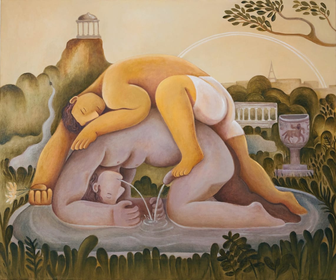Painting of a fountain with a man on this hands and knees with water coming out of his mouth and penis. On top of the man is another man in white shorts laying on top of him. In the background are hills, a rainbow and a temple.