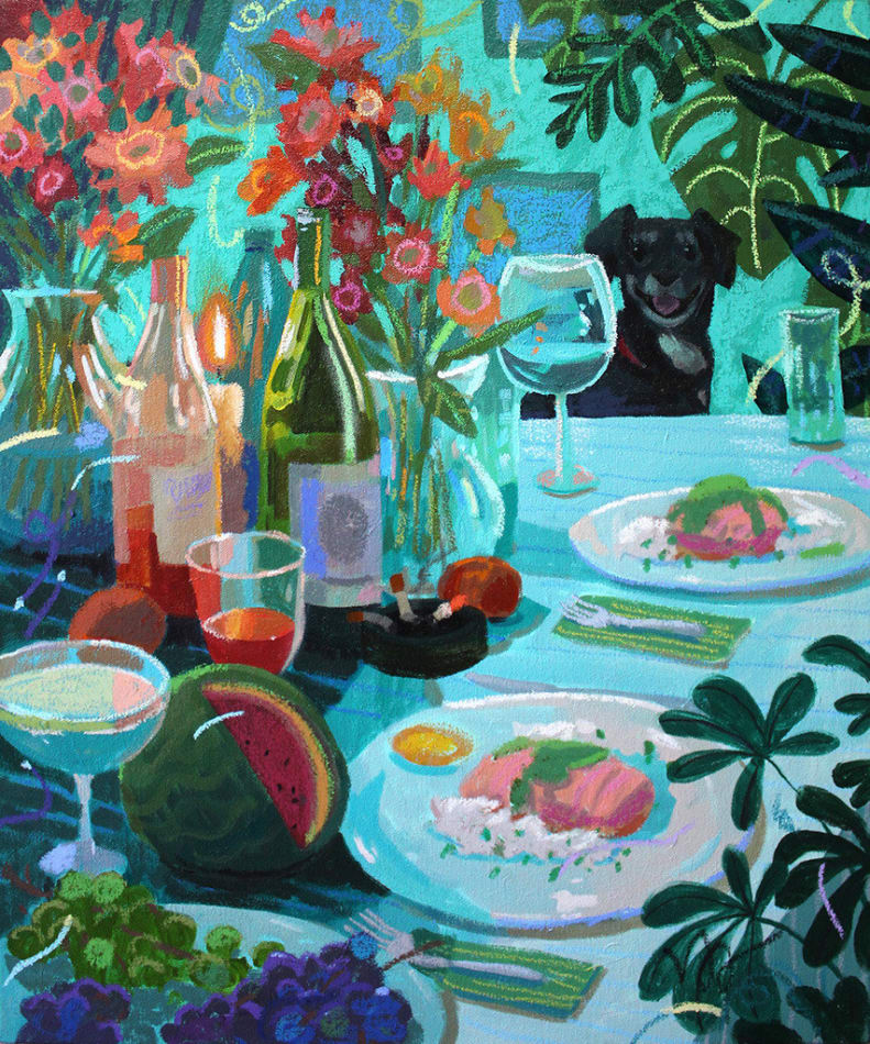 lush table scape featuring many plants and flowers, two dinner plates, and a black and white dog by Nicholas Bono Kennedy