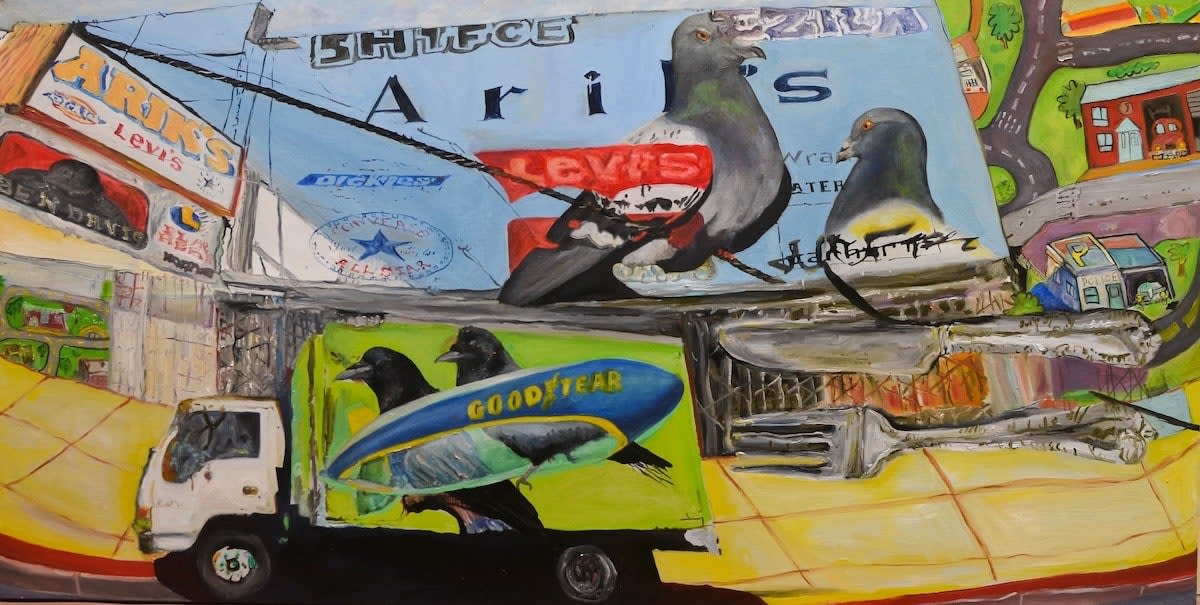 Madison Brooks - Painting of street view with pigeon merging into the advertisement hidden on the street