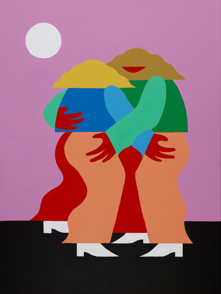 painting of two people holding each other on a pink background