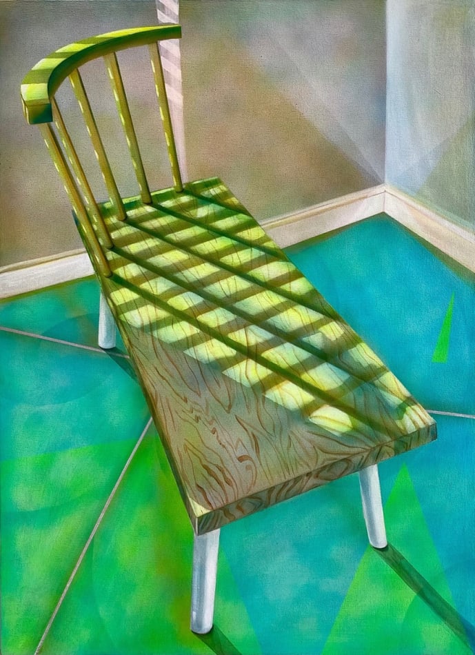 painting of a wood bench illuminated with rays of green light
