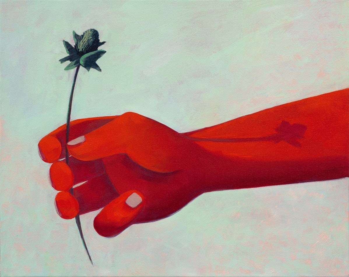 Genevieve Cohn painting of red hand and arm extending a simple flower