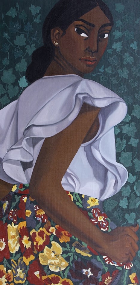 woman looking over her shoulder on a dark green background