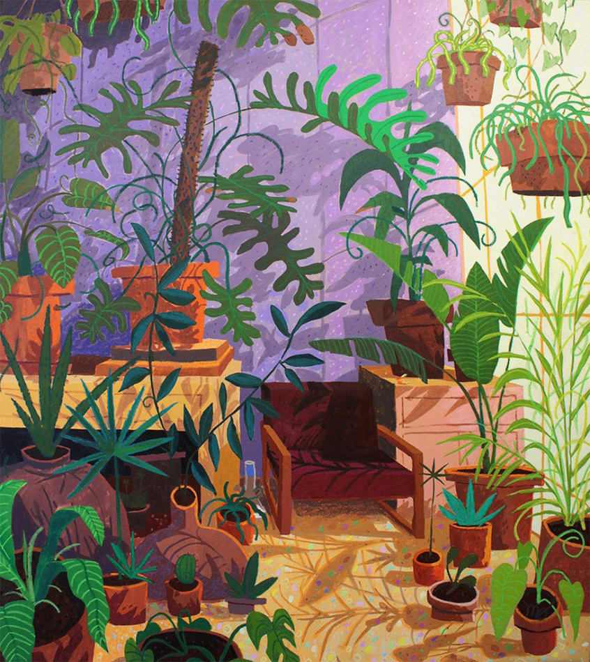 painting of a purple sunroom filled with a variety of plants and plant pots by Nicholas Bono Kennedy