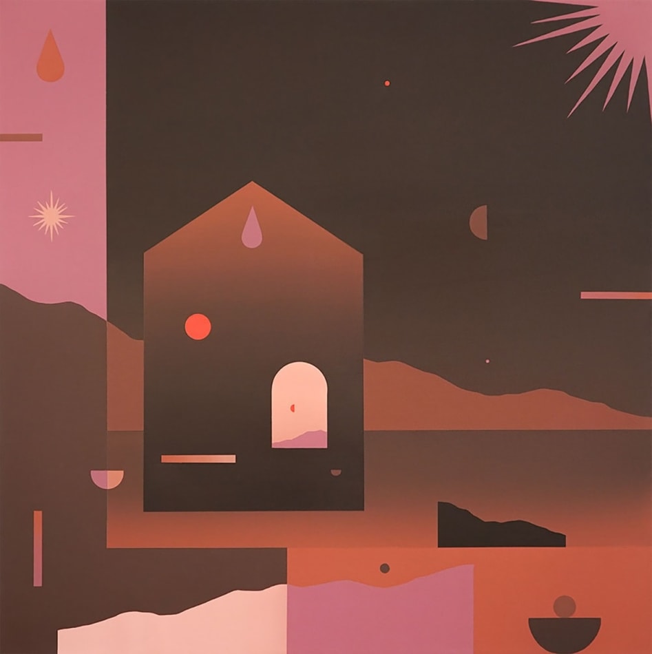 abstracted desert landscape painting in dark red tones