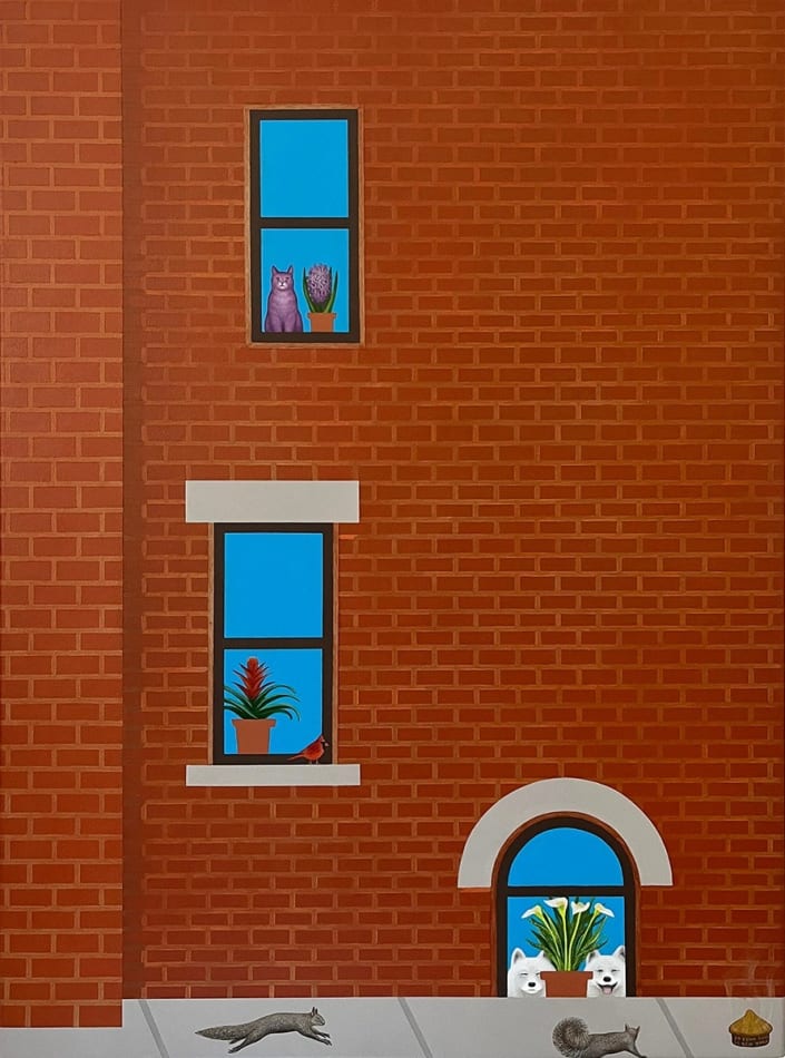 painting of a red brick building with three windows showing cats, dogs, and plants