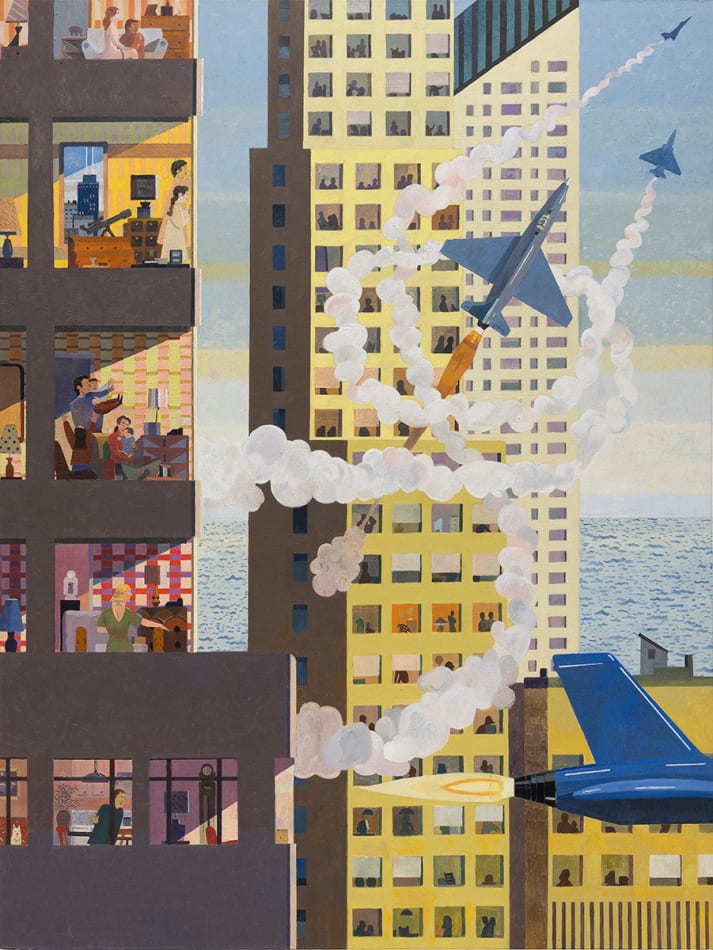 painting of jets planes flying around an apartment building