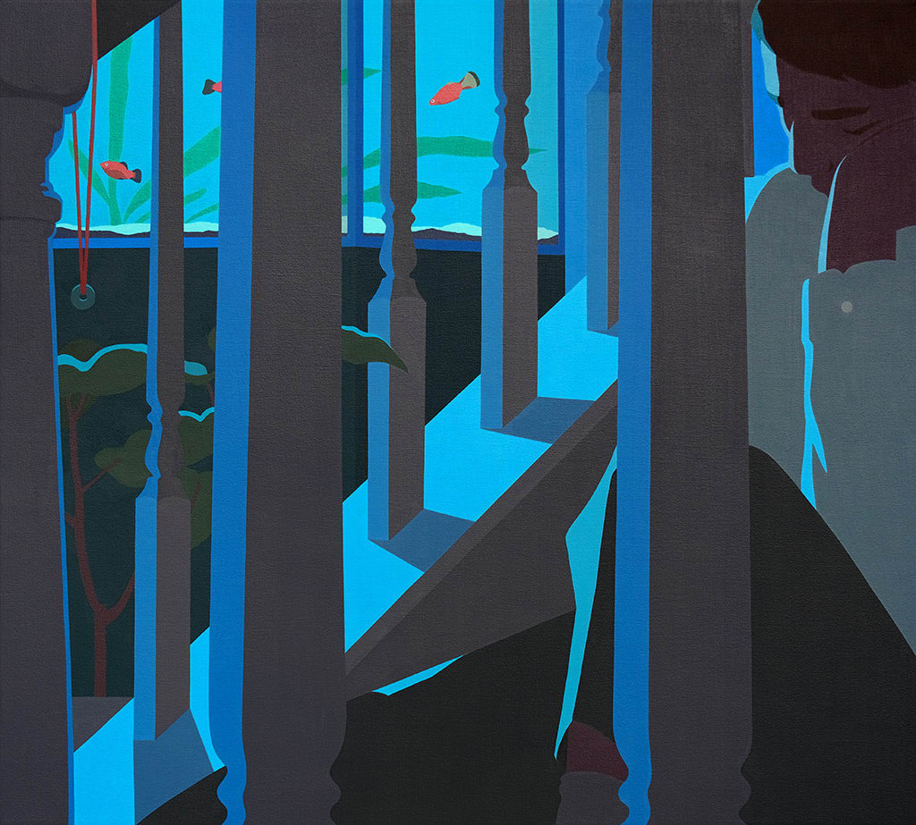 painting by artist Adrian Kay Wong depicting an individual sitting in a blue stairwell, beyond the stairs is a fish tank with orange fish, a small bonsai tree, and a small jade necklace hanging from the banister