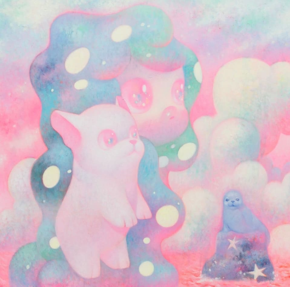 Painting of a girl and a small dog with a seal on a rock in the background with a lot of clouds