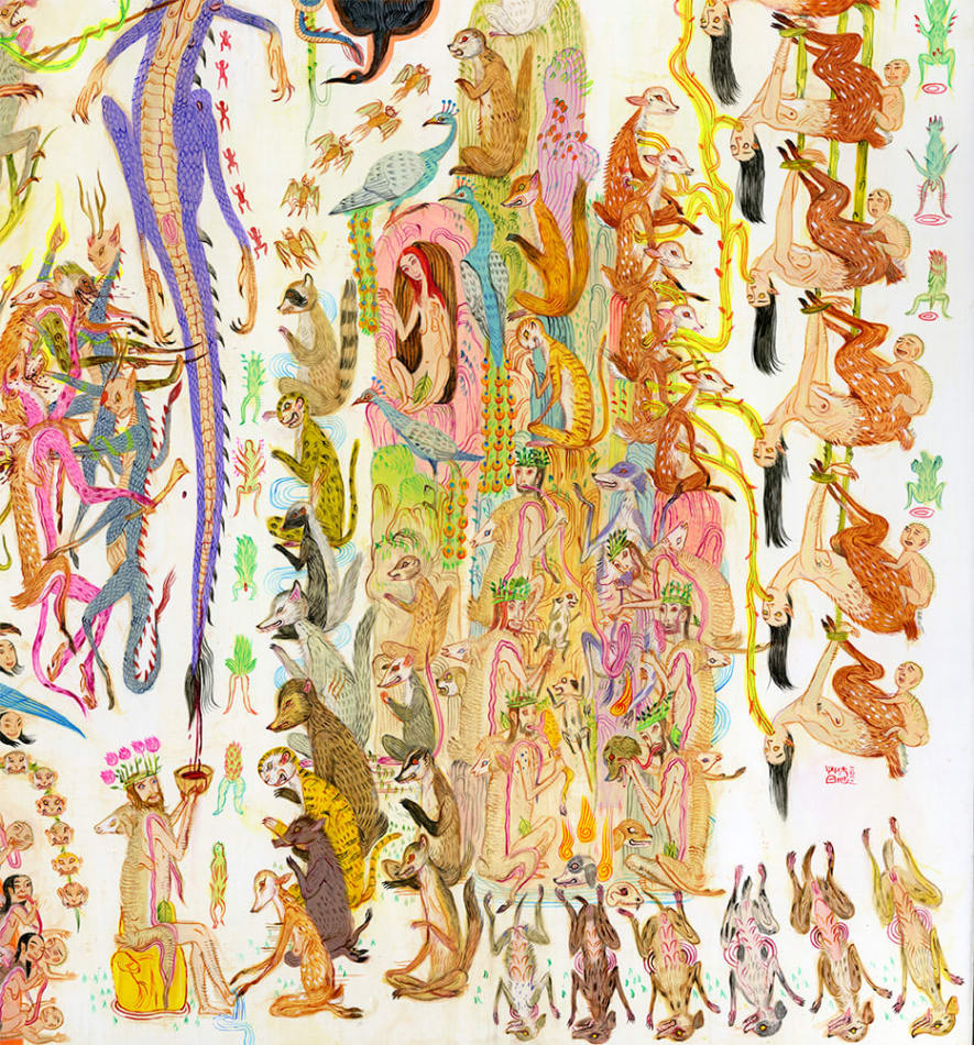 Detail shot of Mu Pan painting of animals and human hybrid creatures eating, fighting, sleeping, etc