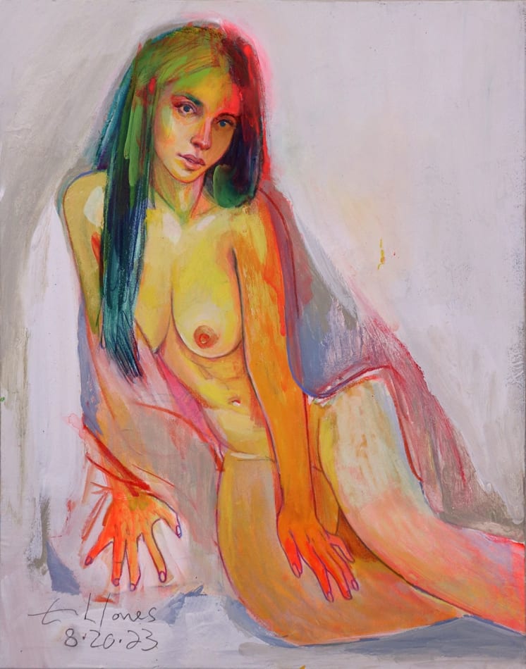 colorful sketch of a seated nude woman leaning to the left side