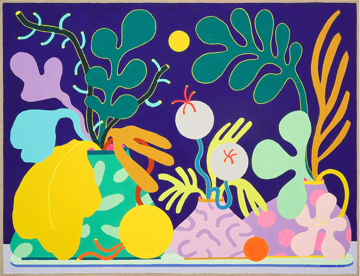 painting of three alien-like bouquets in a three vases in a dark background