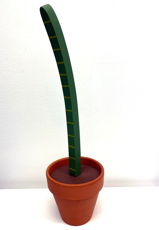 Jeff Canham wooden sculpture of tall cactus in terra cotta pot