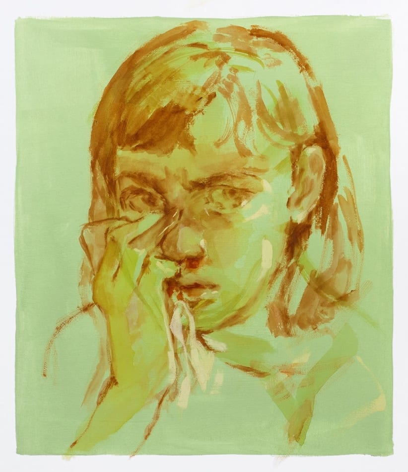 Painting of a woman holding a tissue to her eyes, looking off into the distance.