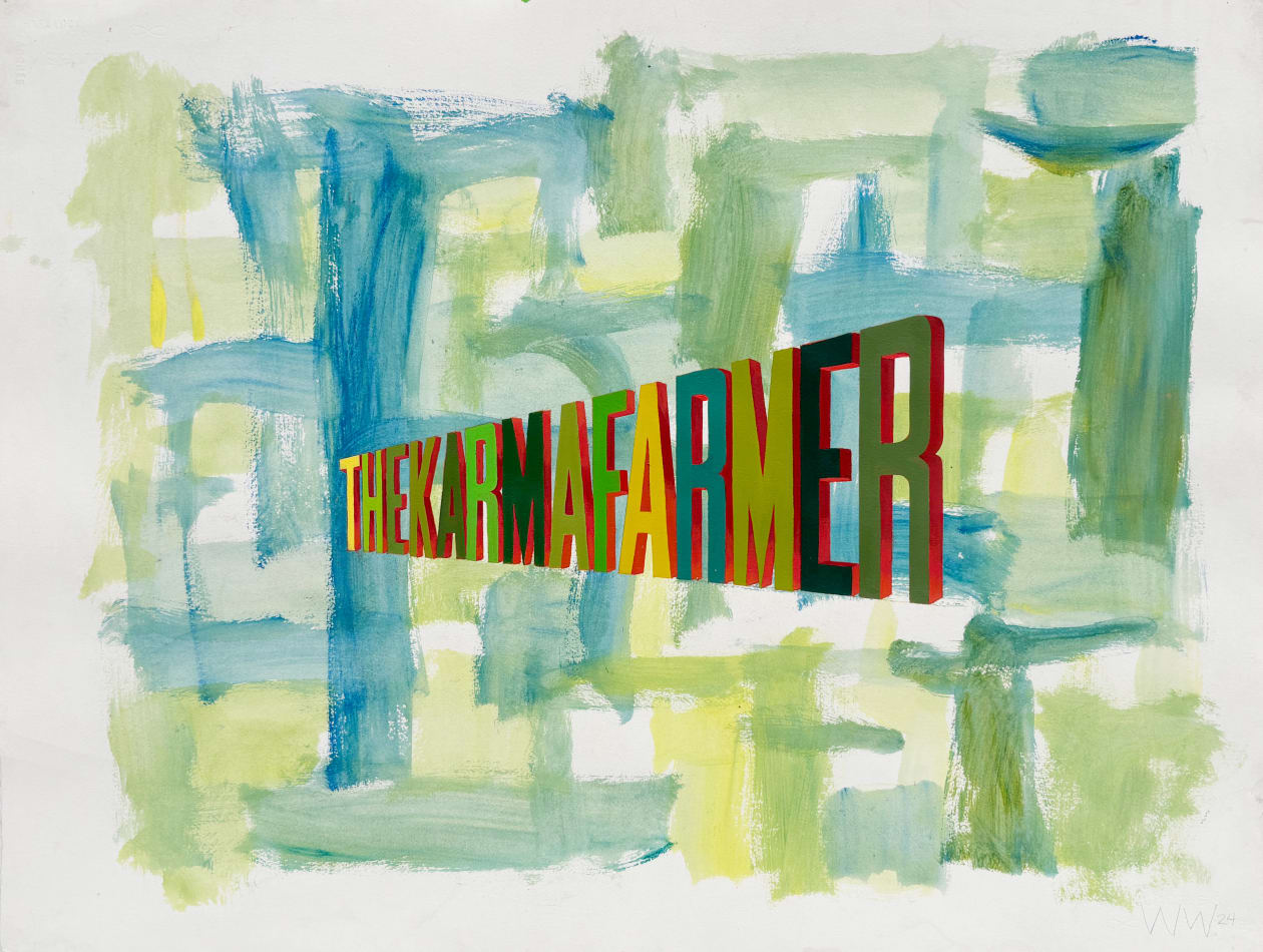 Painting with large green, yellow and blue brush stroke throughout the background with the words 