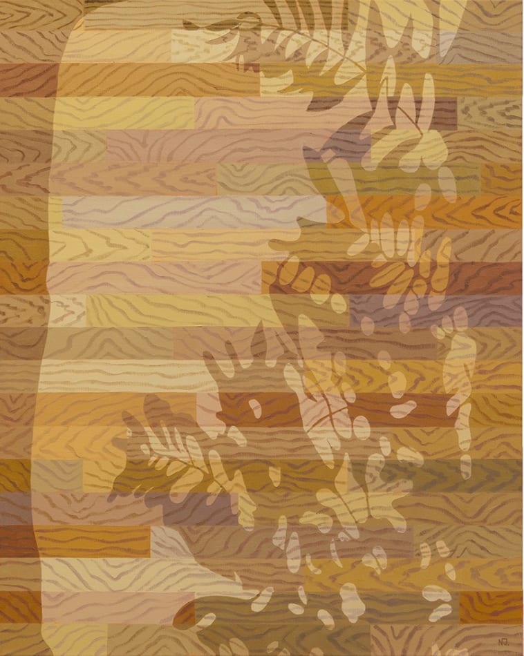 Natalia Juncadella painting of wood floor with cast shadows from plant