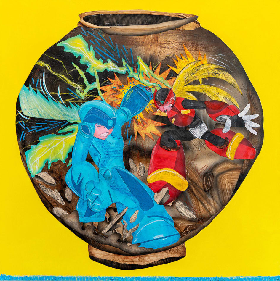 collage of a vase depicting cartoon characters fighting on a yellow background