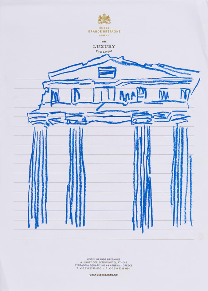 Drawing of a blue greecian building on hotel stationery