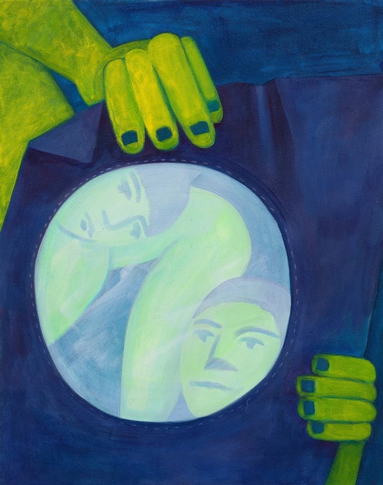 Genevieve Cohn painting of two green women looking down on round transparent cutout in blue sheet