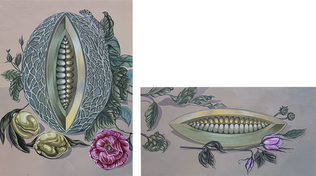 Sabrina Bockler painting of melons in muted tones, blue gray, green, pink and purple florals below